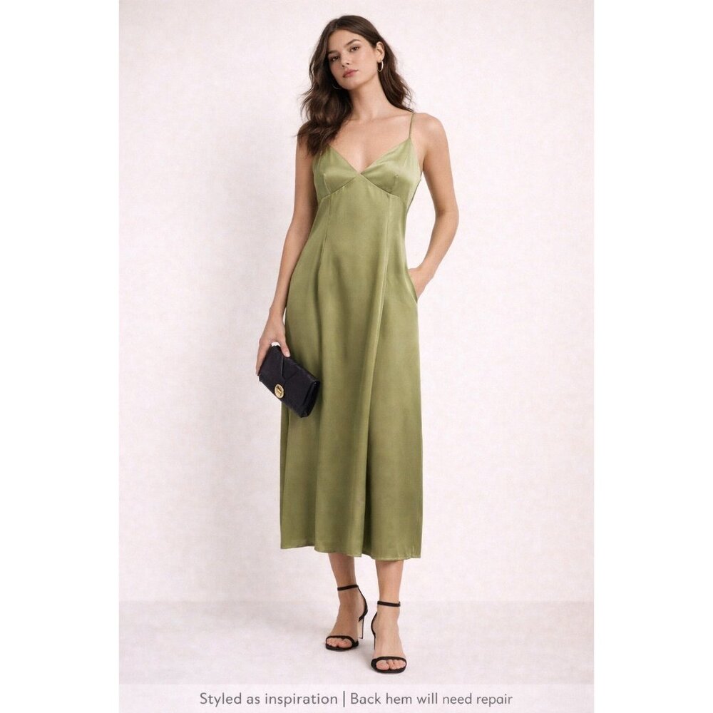WAYF Olive Green Satin Slip Dress Size Large Midi Maxi Adjustable Straps